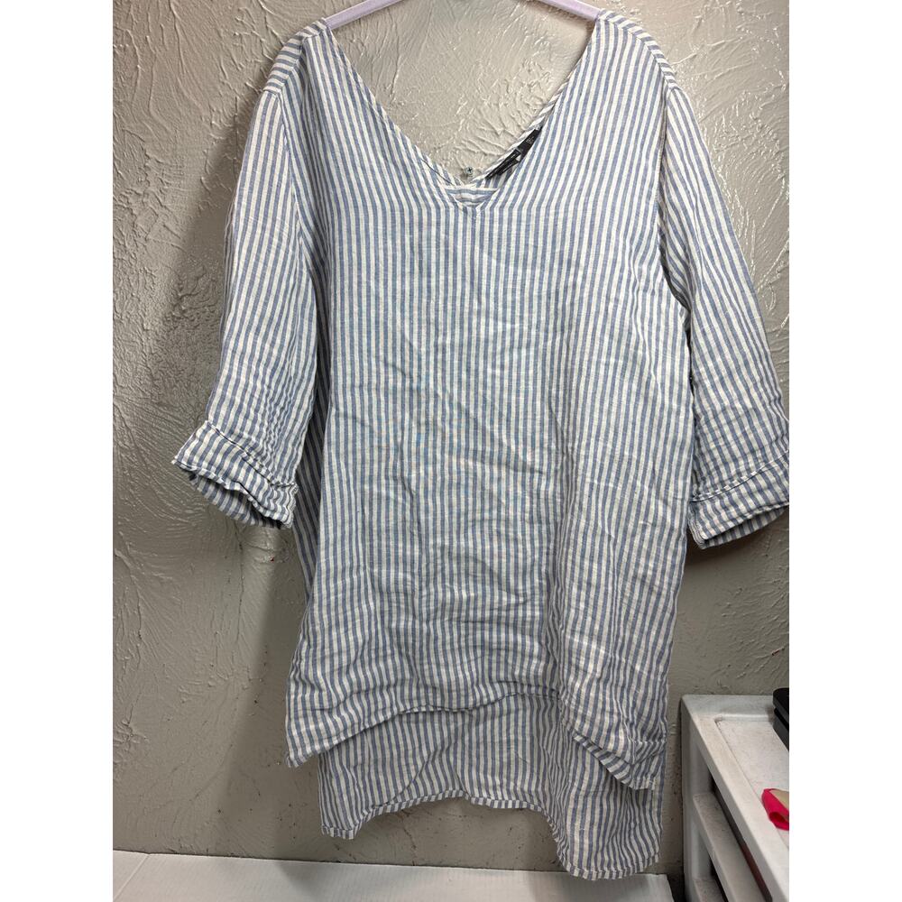Tahari Womens Blue White Stripes Linen Tunic Top High Low VNeck 3/4 Sleeve Large